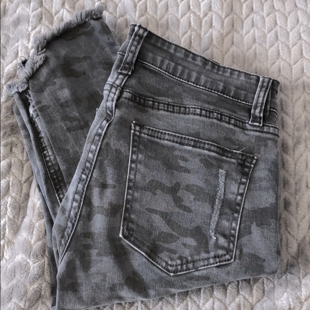 Black and Grey Camo Raw Hem Jeans